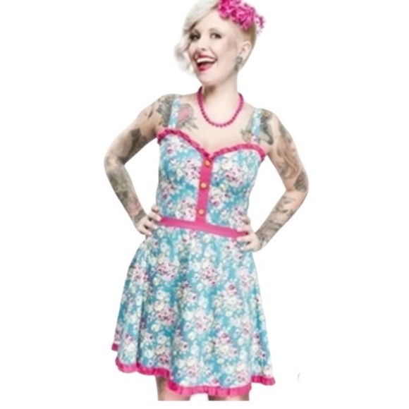 SOURPUSS Aqua Blue Rosey Luau Retro Pinup Dress Size Medium - Picture 2 of 8